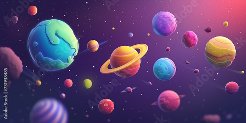 Bright colorful cute 3D planets in cartoon style flying