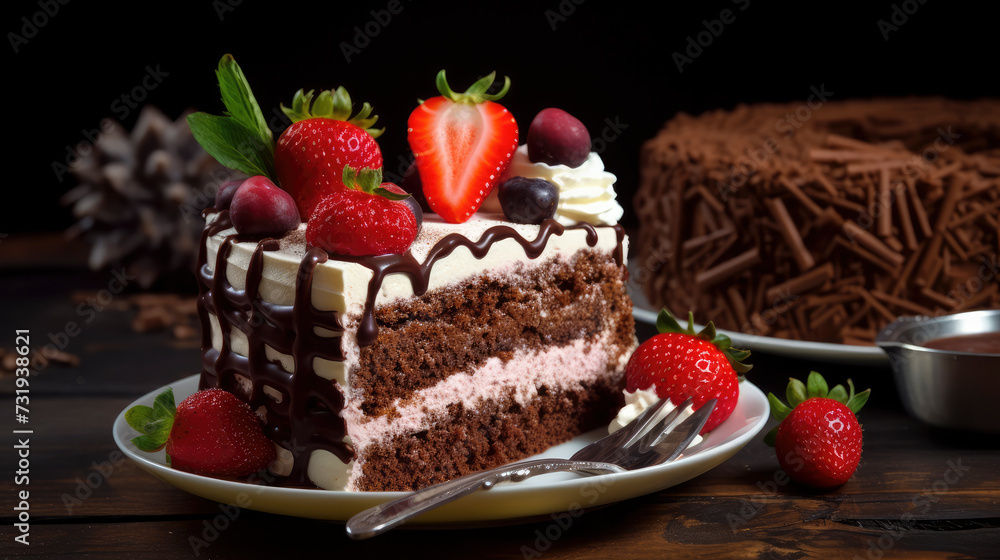 Deliciously handcrafted dessert, chocolate and strawberry cake, capturing the essence of indulgence and celebration