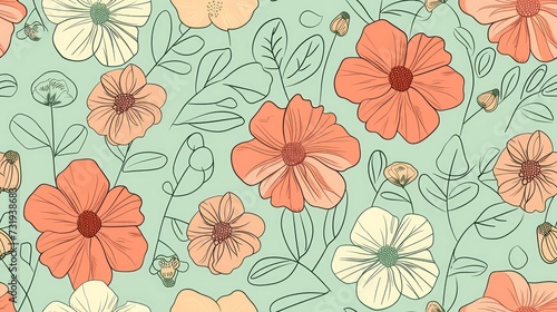 flower  doodle  seamless pattern  on green pastel background