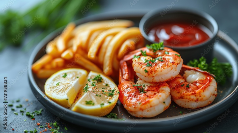 a plate of shrimp, french fries, and lemon wedges with a side of ketchup and ketchup.