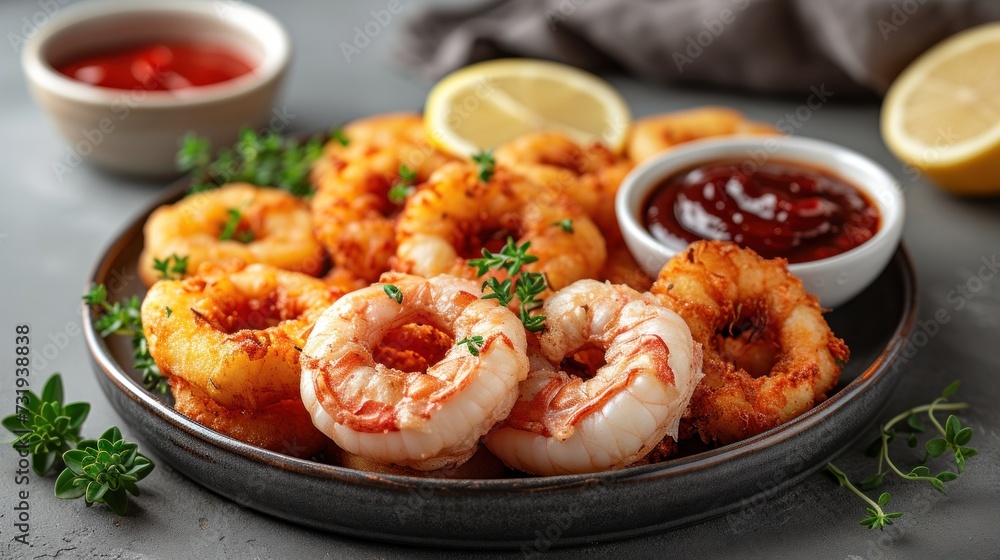 a plate of shrimp with a side of ketchup and a side of lemon wedges and ketchup. a plate of shrimp with a side of ketchup and a side of lemon wedges and ketchup.