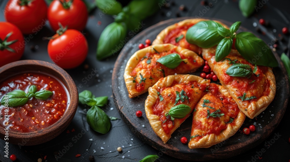 a plate topped with pizza next to a bowl of tomato sauce and fresh basil on top of a black surface. a plate topped with pizza next to a bowl of tomato sauce and fresh basil on top of a black surface.