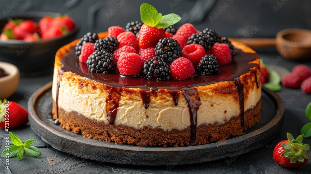 a cake with berries on top of it and chocolate sauce drizzled over the top of the cake. a cake with berries on top of it and chocolate sauce drizzled over the top of the cake.