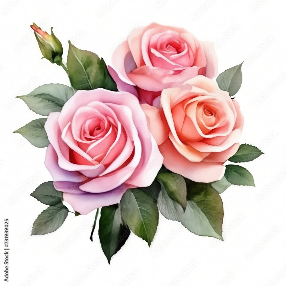 Naklejka premium bouquet of pink roses flowers watercolor isolated on white background.