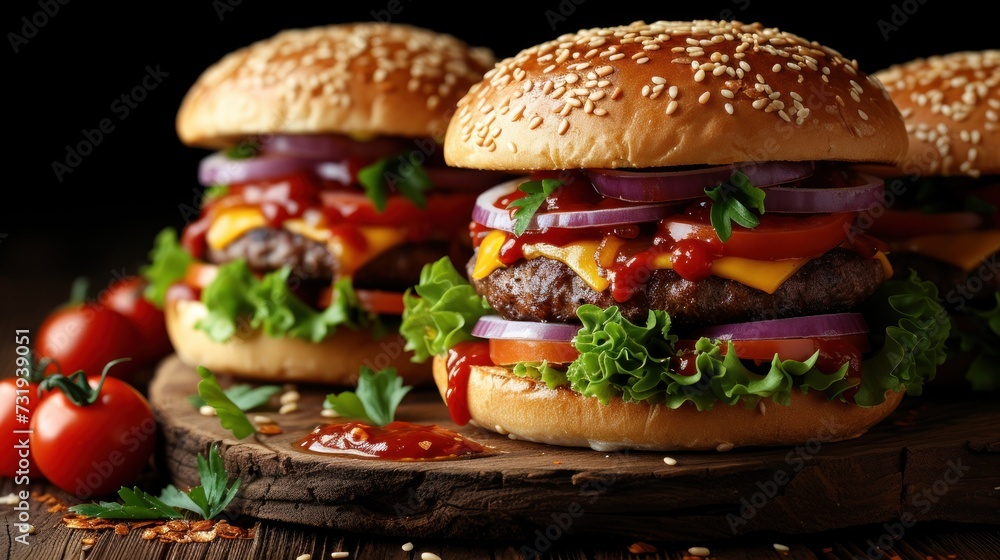 a group of hamburgers sitting on top of a wooden cutting board next to tomatoes and ketchup on top of a table. a group of hamburgers sitting on top of a wooden cutting board next to tomatoes and ketchup on top of a table.