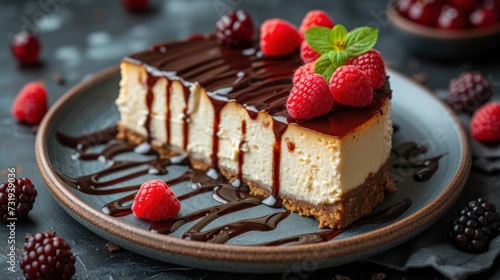 a piece of cheesecake with chocolate sauce and raspberries on a plate with chocolate sauce and raspberries.