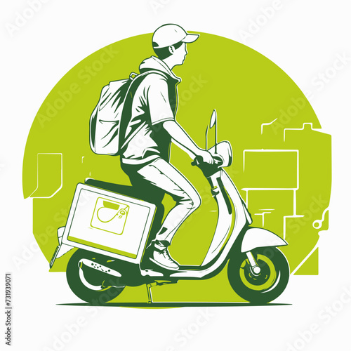 Delivery man on scooter delivering parcel box vector illustration. Delivery service.