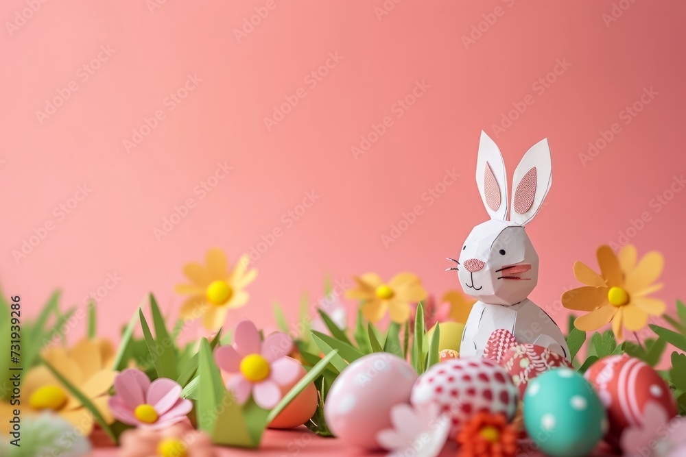 An Easter bunny and eggs cut out of colored paper with flowers. Easter celebration concept An Easter bunny and eggs cut out of colored paper with flowers. Easter celebration concept