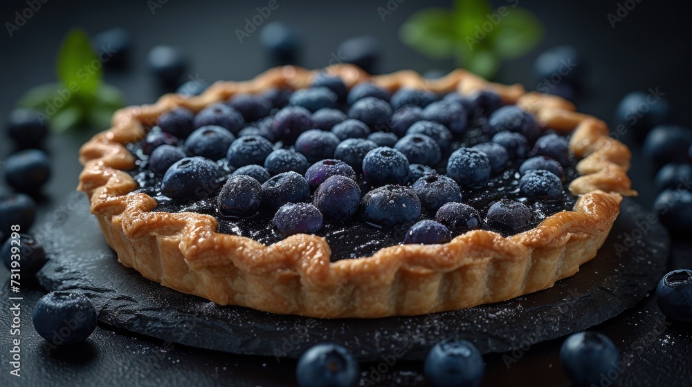 a close up of a pie with blueberries on a black surface with blueberries on the side of the pie. a close up of a pie with blueberries on a black surface with blueberries on the side of the pie.