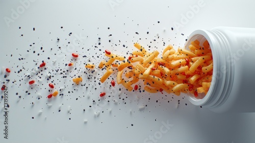 a container filled with macaroni and cheese sprinkled with red and black seed sprinkles. photo