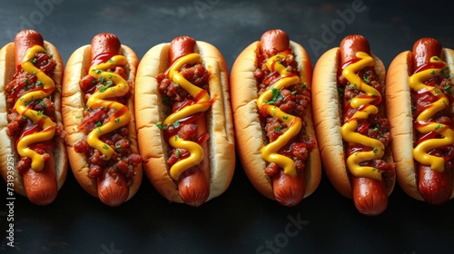 a row of hotdogs with chili and ketchup on buns with ketchup and mustard on them.