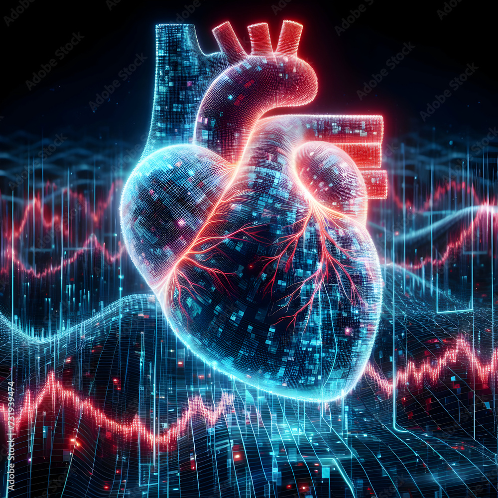 A pulsating heart made of digital pixels, with streams of data flowing across borders