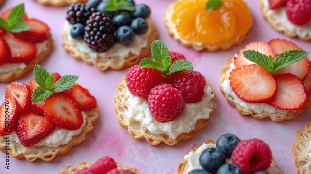 a close up of a variety of pastries on a pink surface with berries, oranges, raspberries, and blueberries. a close up of a variety of pastries on a pink surface with berries, oranges, raspberries, and blueberries.