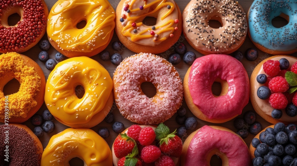a variety of doughnuts with various toppings and berries on the side of the doughnut is a blueberry, raspberry, raspberry, raspberry, and chocolate donut. a variety of doughnuts with various toppings and berries on the side of the doughnut is a blueberry, raspberry, raspberry, raspberry, and chocolate donut.