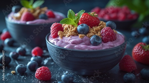 a close up of a bowl of food with berries and granola on a table with blueberries and raspberries. photo