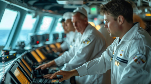 Crew members in crisp white uniforms working together to navigate the ship and attend to pengers creating a seamless and enjoyable vacation experience. photo