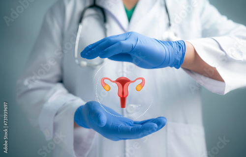 Fotografía Medical worker holding virtual uterus reproductive system