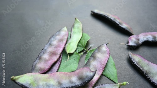 Lablab purpureus vegetable. It is a species of bean in the family Fabaceae. Its other names lablab bean, bonavist bean pea, dolichos bean, seim, lablab, Egyptian kidney bean, Indian bean. photo