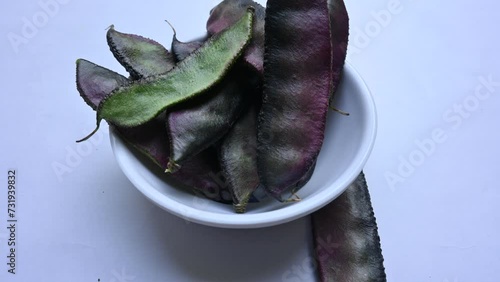 Lablab purpureus vegetable. It is a species of bean in the family Fabaceae. Its other names lablab bean, bonavist bean pea, dolichos bean, seim, lablab, Egyptian kidney bean, Indian bean. photo