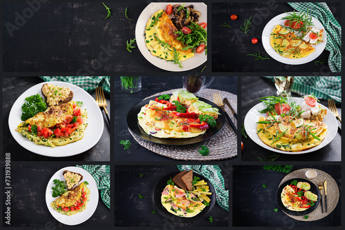 Omelette with vegetables on plate. Frittata - italian omelet. Top view, above, collage