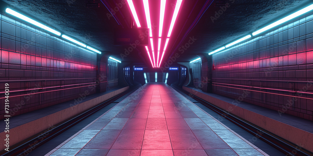 Futuristic underground subway tunnel with neon