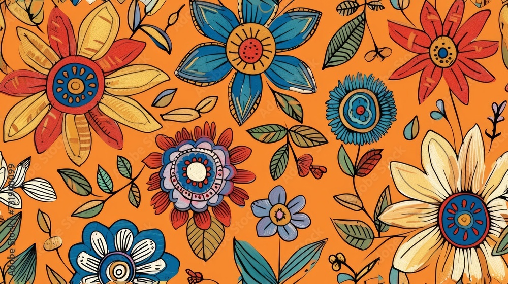 flower, doodle, seamless pattern on orange background. Generative Ai
