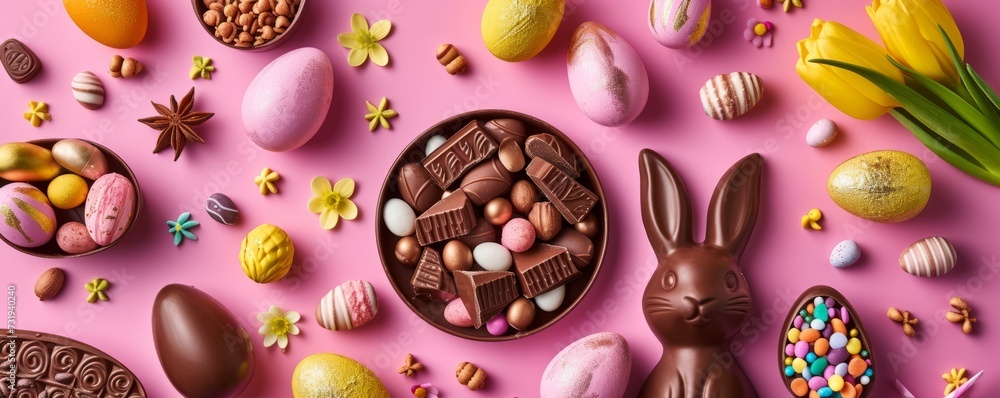 Chocolate Easter bunny for children with different small sweets nearby for Easter celebration day, banner with copyspace Chocolate Easter bunny for children with different small sweets nearby for Easter celebration day, banner with copyspace