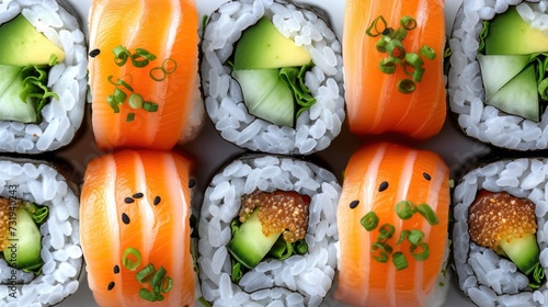 a close up of a plate of sushi with cucumbers and sesame seeds on top of the sushi.