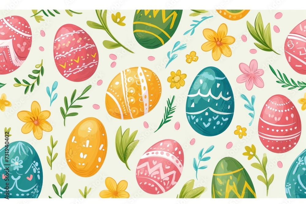 Seamless illustration of easter theme with spring flowers plants and eggs Seamless illustration of easter theme with spring flowers plants and eggs