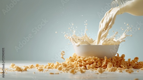 a person pouring milk into a bowl of cereal on top of a table with scattered cereal scattered around the bowl.