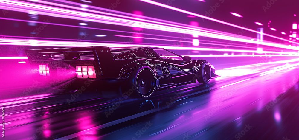 Retro Sythwave 80s style, pink car, vehicles, ultra wide background Retro Sythwave 80s style, pink car, vehicles, ultra wide background