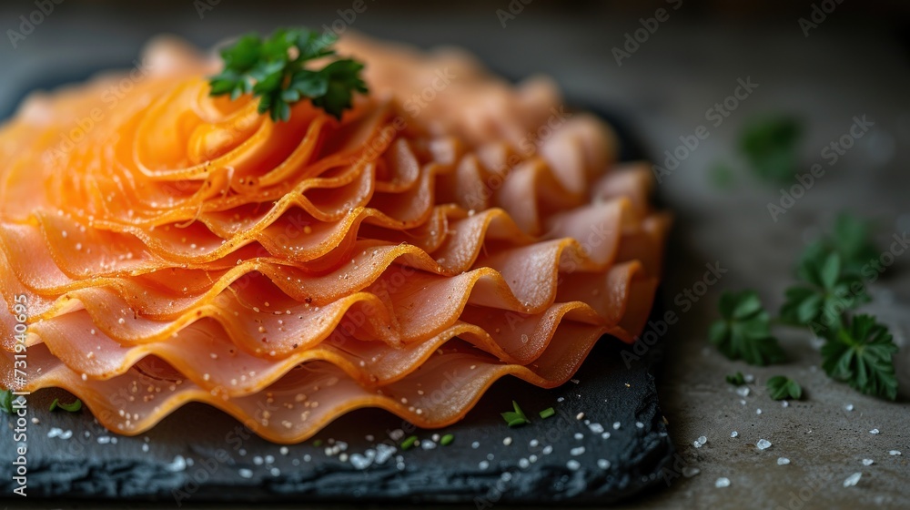 a close up of a plate of food with meat and veggies on a black plate with a sprig of parsley. a close up of a plate of food with meat and veggies on a black plate with a sprig of parsley.