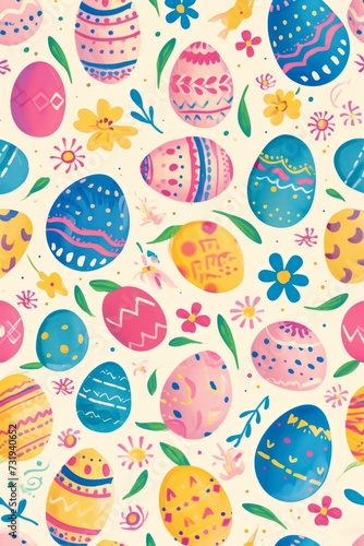 Seamless illustration of easter theme with spring flowers plants and eggs 