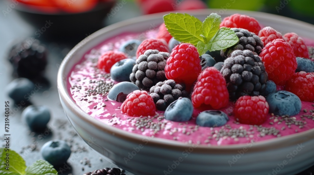 a bowl of berries, raspberries, and blueberries with a green leaf on top of the bowl. a bowl of berries, raspberries, and blueberries with a green leaf on top of the bowl.