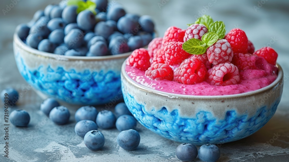 two bowls filled with blueberries and raspberries next to a bowl of blueberries and raspberries. two bowls filled with blueberries and raspberries next to a bowl of blueberries and raspberries.
