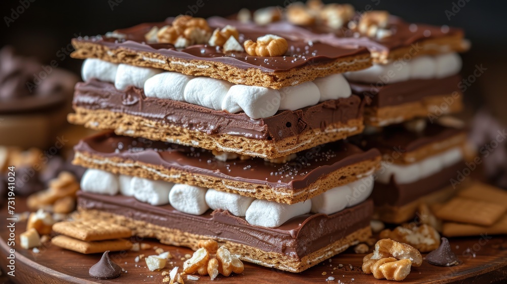 a stack of s'mores sitting on top of a wooden platter covered in marshmallows.