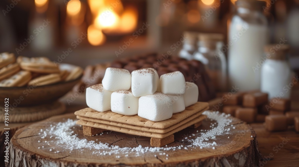 a pile of marshmallows sitting on top of a wooden table next to a bowl of cookies and a glass of milk.