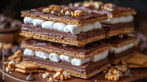 a stack of s'mores sitting on top of a wooden platter covered in marshmallows.