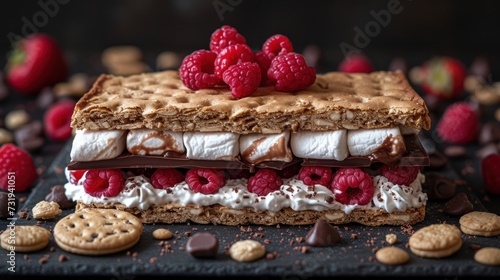 a piece of cake with raspberries and marshmallows on a black surface surrounded by cookies and crackers.