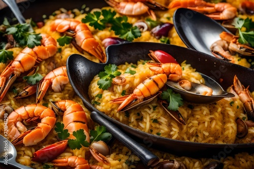 A close-up of sizzling seafood paella with saffron-infused rice.