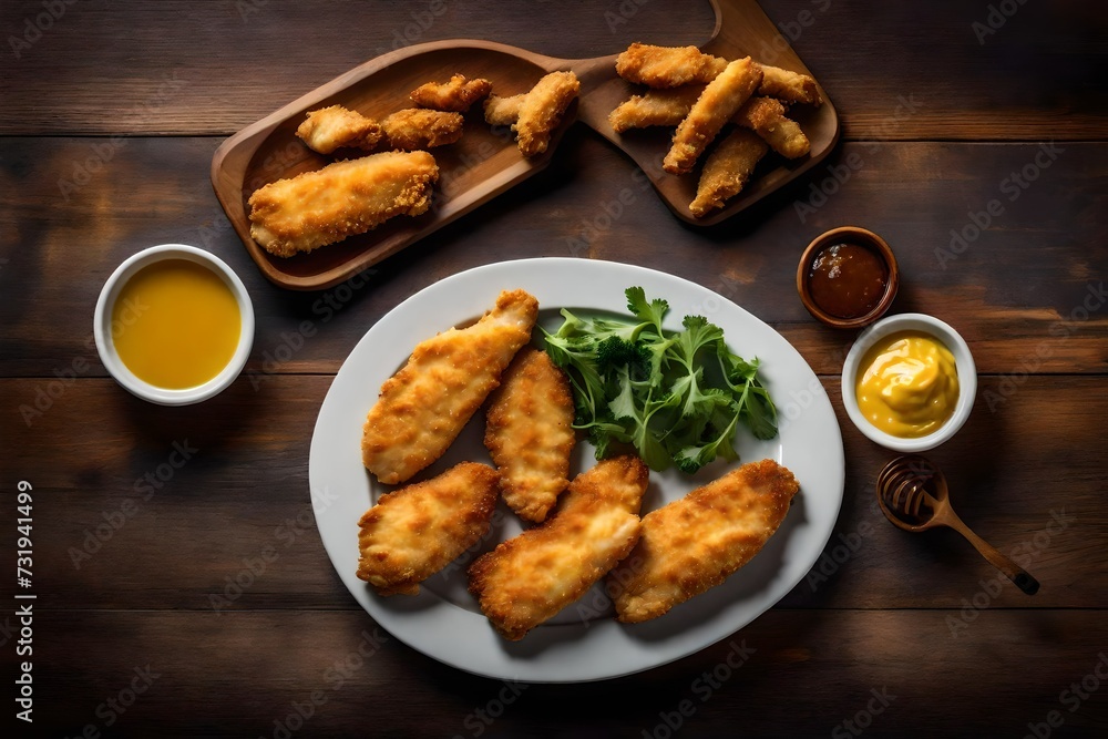 A plate of crispy chicken tenders with a side of honey mustard