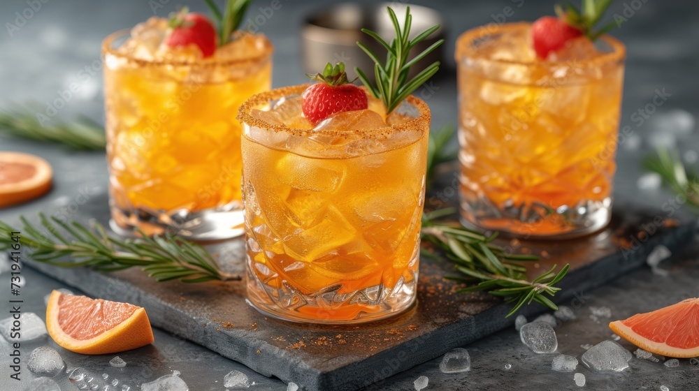 a couple of glasses filled with drinks next to grapefruits and grapefruits on a cutting board. a couple of glasses filled with drinks next to grapefruits and grapefruits on a cutting board.