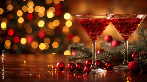 a close up of two glasses of wine on a table with a christmas tree and lights in the back ground. photo