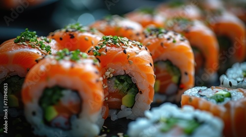 a close up of sushi rolls with sauce and garnishes on top of rice and garnished with garnishes.