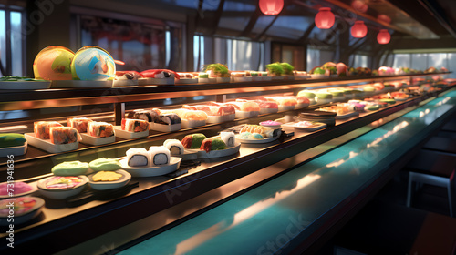 A sushi conveyor belt with a variety of rolls passing by, allowing diners 