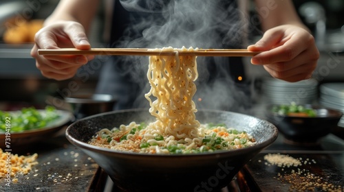 a person holding chopsticks over a bowl of noodles with chopsticks sticking out of the top of the bowl.
