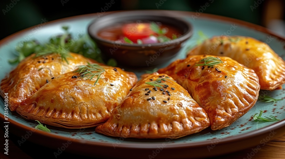 a close up of a plate of pastries with a small bowl of sauce in the middle of the plate. a close up of a plate of pastries with a small bowl of sauce in the middle of the plate.