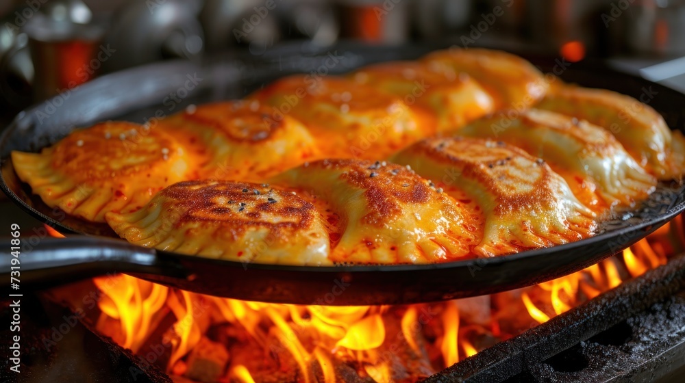 a close up of a pan of food on a grill with flames coming out of the side of the pan.