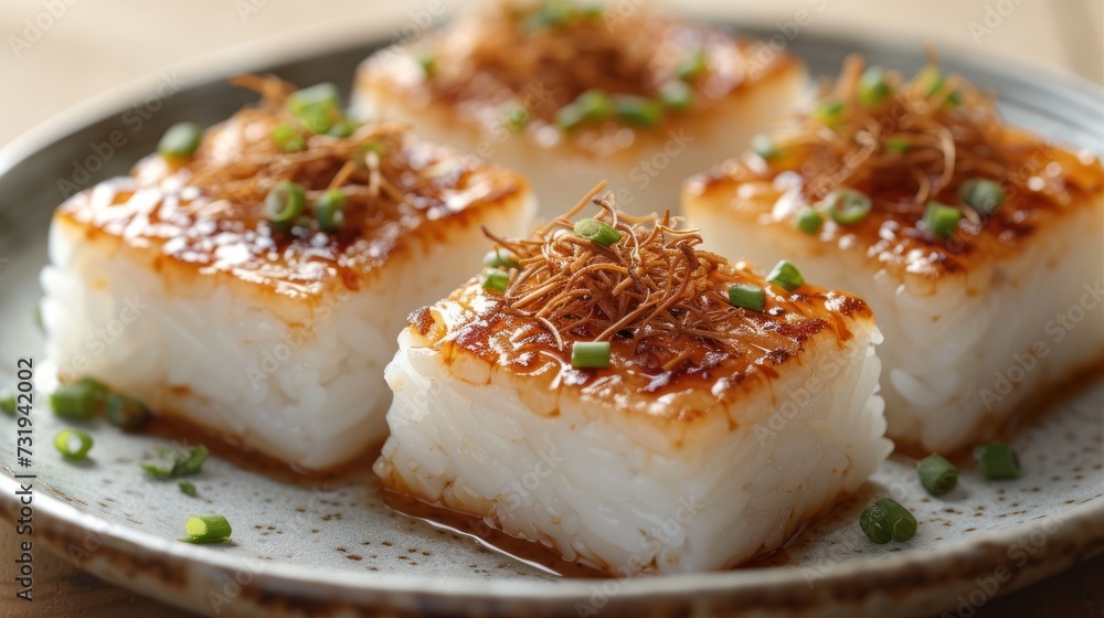a white plate topped with four scallops covered in sauce and topped with green onion sprinkles. a white plate topped with four scallops covered in sauce and topped with green onion sprinkles.