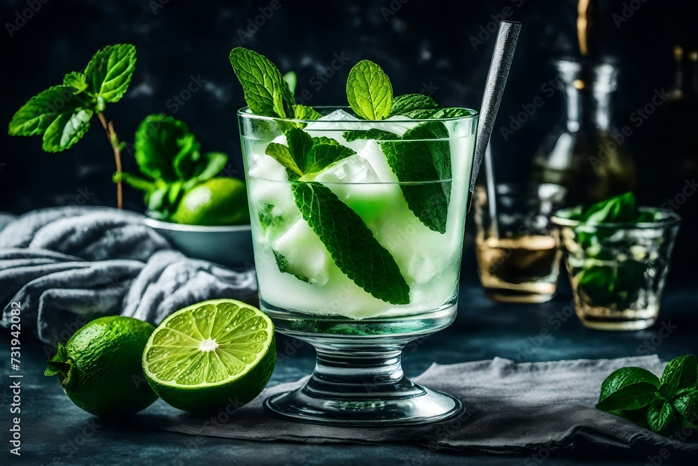 Fototapeta premium A refreshing mojito sorbet in a stylish dessert glass